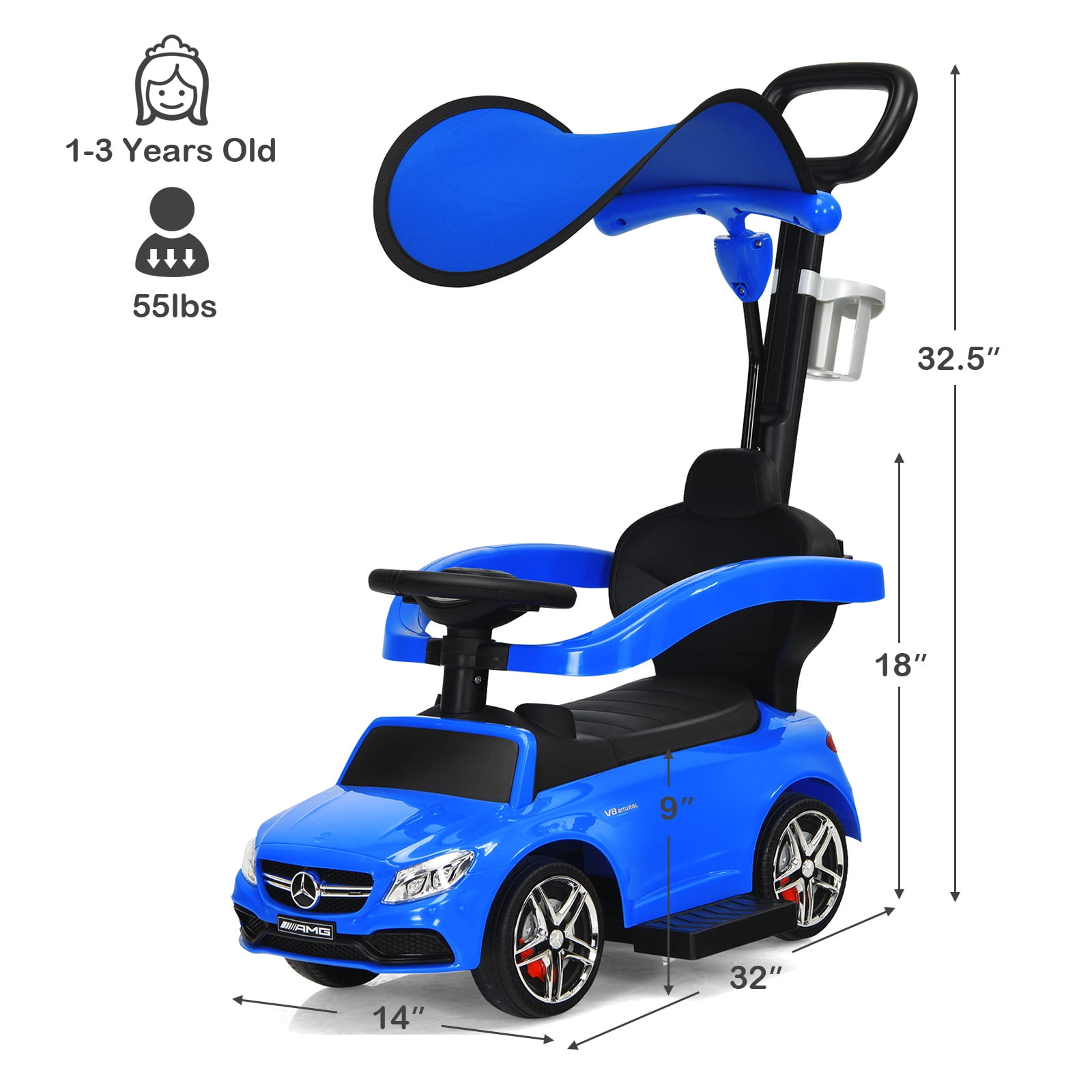 Infans 3 in 1 Ride on Push Car Mercedes Benz Toddler Stroller Sliding Car Blue