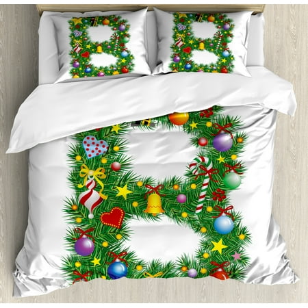 Letter B Queen Size Duvet Cover Set, Tasty Candy Cane and Figure with Top Hat Suit Christmas Tree Design with B Print, Decorative 3 Piece Bedding Set with 2 Pillow Shams, Multicolor, by