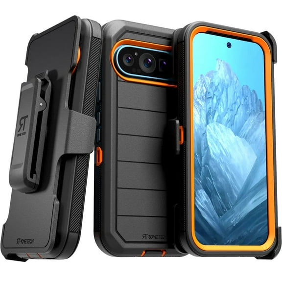 Rome Tech for Google Pixel 9 Pro (2024) Case with Belt Clip Holster & Kickstand, Dual-Layer Shockproof Case - Black & Orange