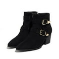 thumbnail image 3 of Womens Combat Dress Boots with Side Zipper Trendy Double Buckle Suede Pointed Toe Heeled Mid Calf Booties, 3 of 5