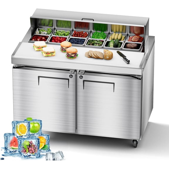 XUTUMM Commercial Refrigerator 48" Sandwich Prep Table - 2 Door 12 Pan Stainless Steel Workstation for Restaurant, Cafe, Catering