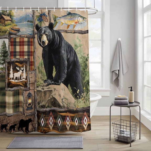 Bathroom Shower Curtain Farmhouse Bear Colorful Plaid Waterproof Shower Curtains with Hooks, Country Pastoral Landscape Bath Curtains Bathtub Curtain Home Decor 36x72in