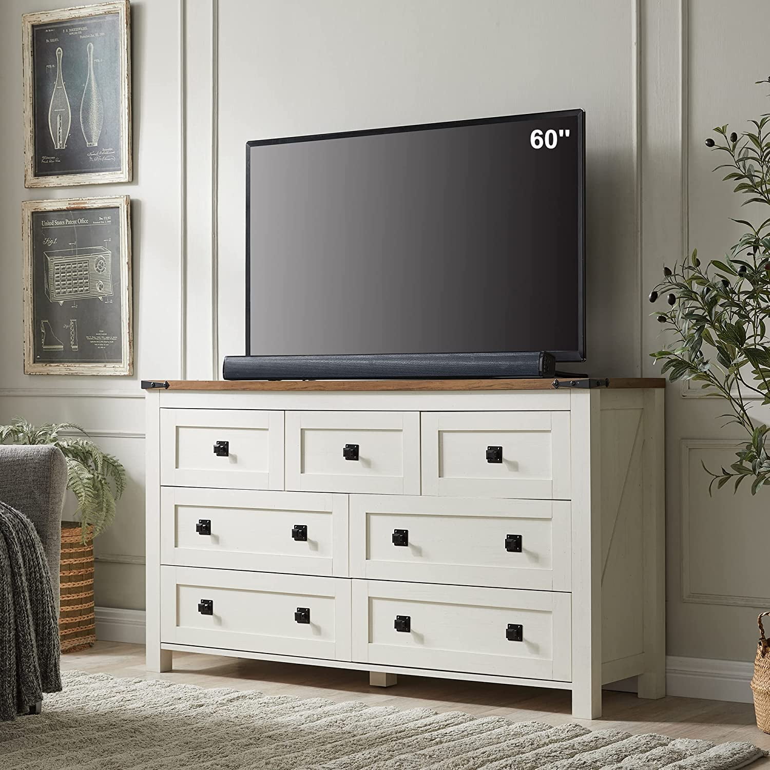 OKD Farmhouse 7 Drawers Dresser Storage Cabinet, Antique White