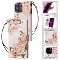 Wallet Case for iPhone 11 Pro with RFID Blocking Credit Card Slots Holder, Cute Patterned Gold Brushing Magnetic Flip Kickstand Wrist Strap Cover For iPhone 11 Pro, Love Rose