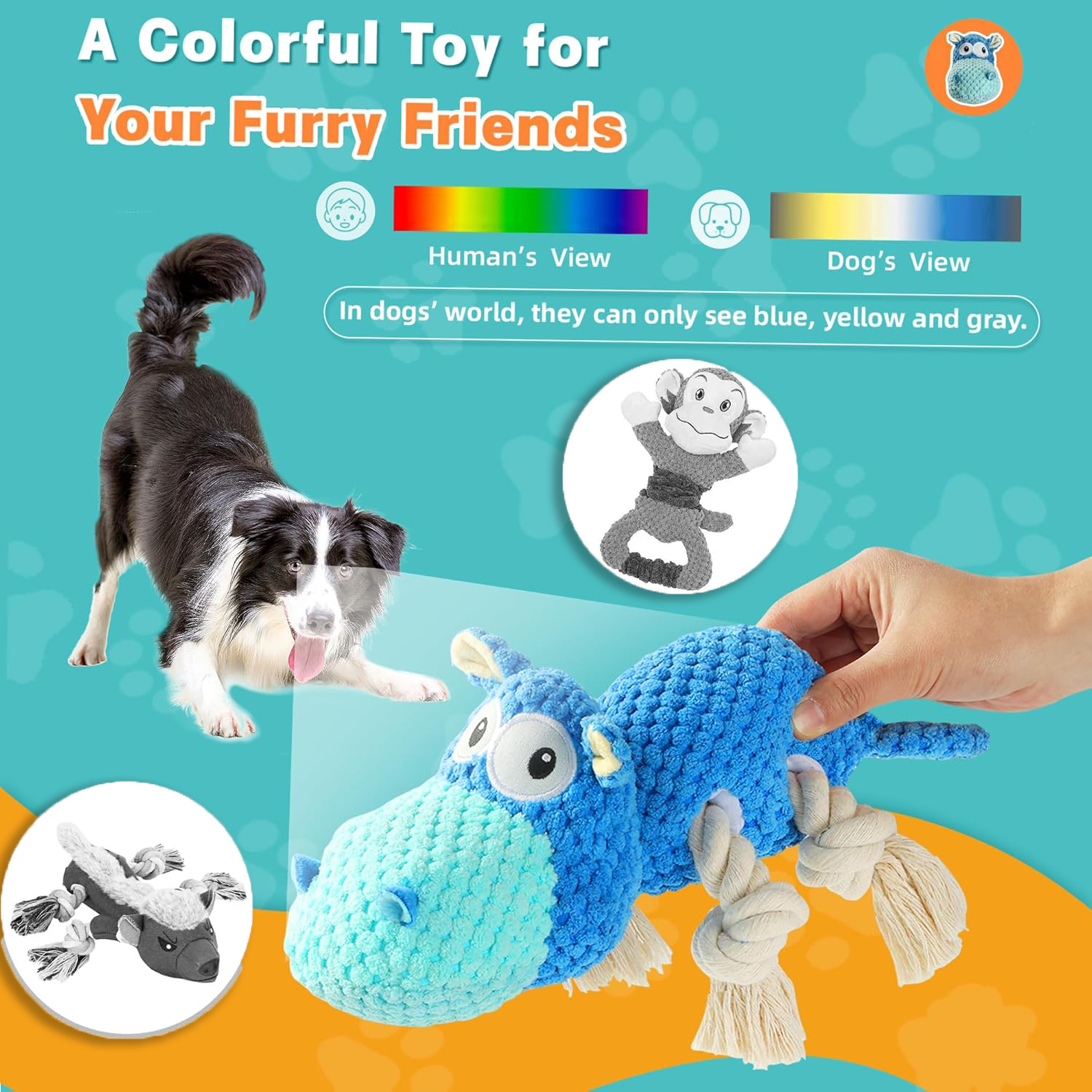 URRU Dog Toys for Aggressive Chewers, Squeaky Hippo photo 3