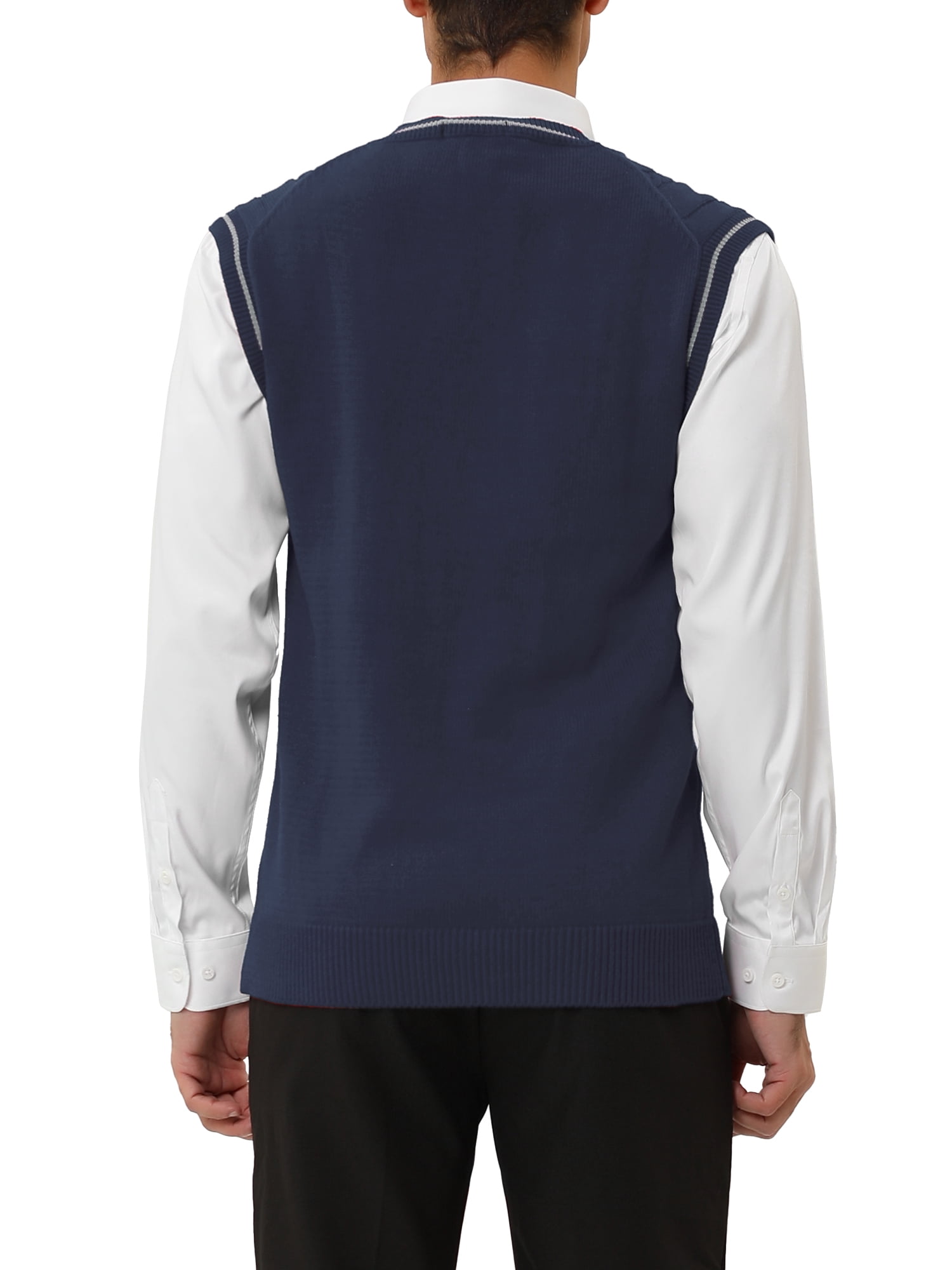 Unique Bargains Men's Classic Knitted Sleeveless V-Neck Pullover Sweater Vest L Navy Blue