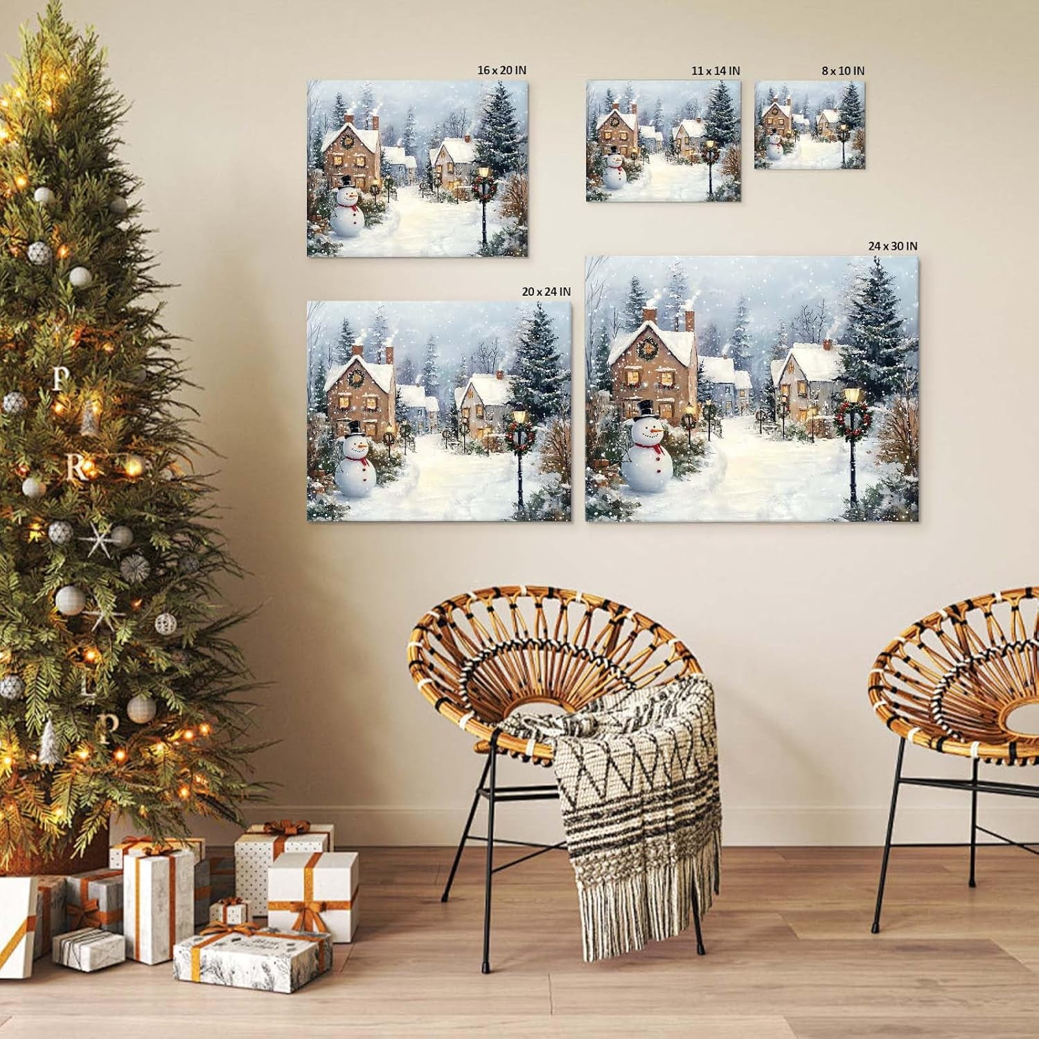 Christmas Canvas Wall Art Decor with Chimneys, Smoke, Street Lamps with Wreaths, Snowmen and Snow Piles, Festive Canvas Print for Room, Holiday-Themed Fixed Canvas for Winter Home Décor,11x14 inch