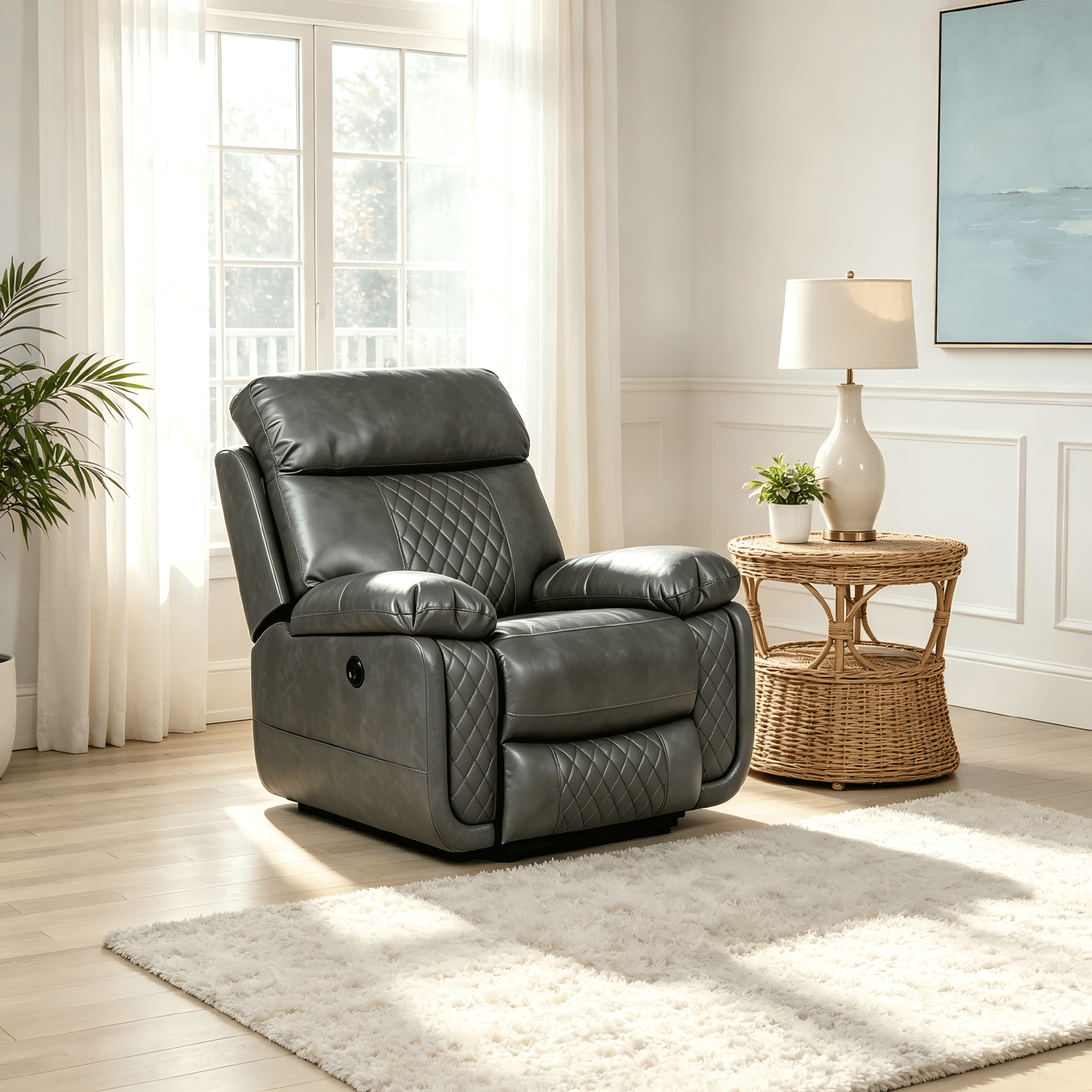 Contemporary Plush Faux Leather Upholstered Living Room Reclining Chair, Grey
