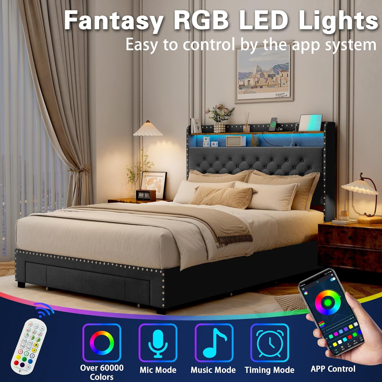 Pipleo Full Size Bed Frame with headboard, Full Bed Frame with 3 Drawers, Velvet Upholstered Platform Bed Frame with Storage, LED Lights and Charging Station