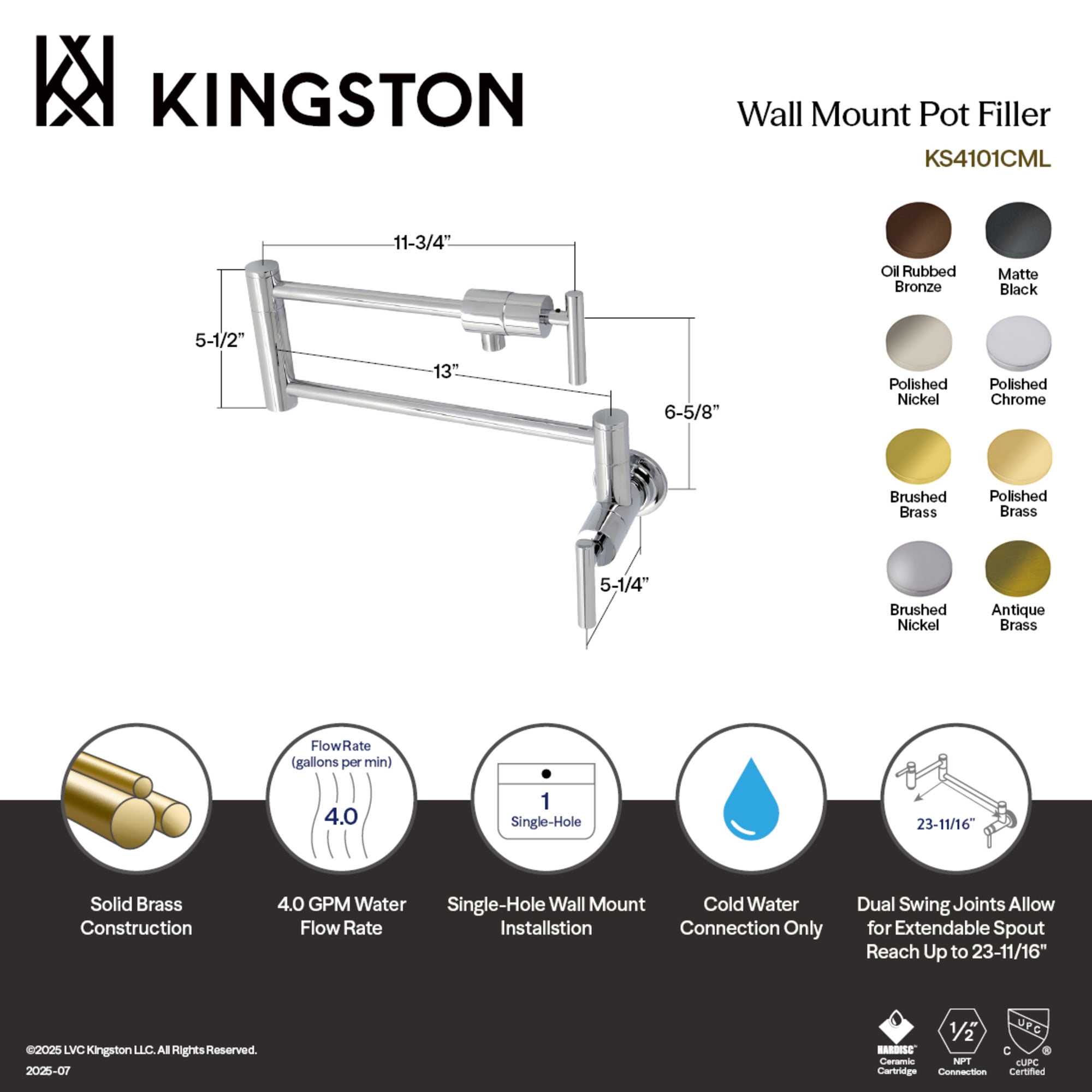Kingston Brass KS4106CML Manhattan Two-Handle 1-Hole Wall Mount Pot Filler Faucet in Polished Nickel