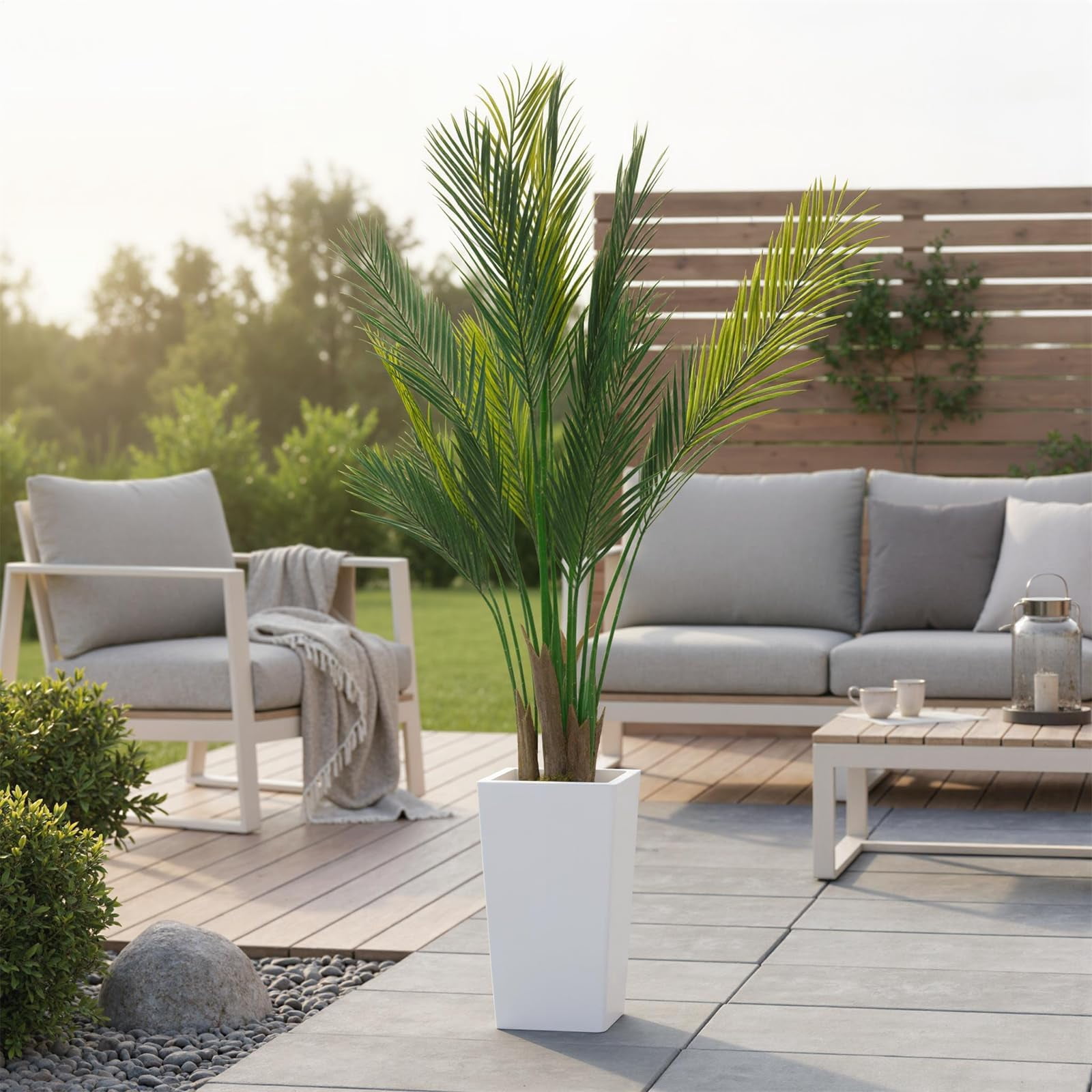 Accreate Artificial Palm Tree, Tall Faux Tropical Areca Plants with White Tall Planter, Fake Potted Tree with Lifelike Leaves for Indoor Living Room Bedroom Home Office Decor