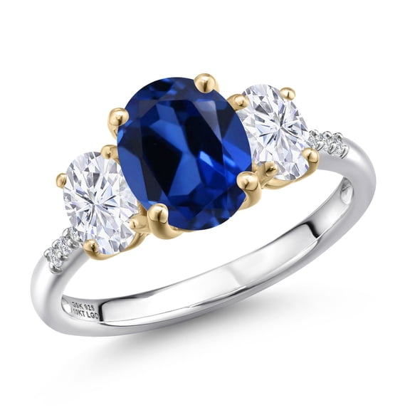Gem Stone King 925 Silver and 10K Yellow Gold Blue Created Sapphire and White Moissanite and Lab Grown Diamond Engagement Ring for Women | 3.36 Cttw | Oval 9X7MM | September Birthstone | Size 9