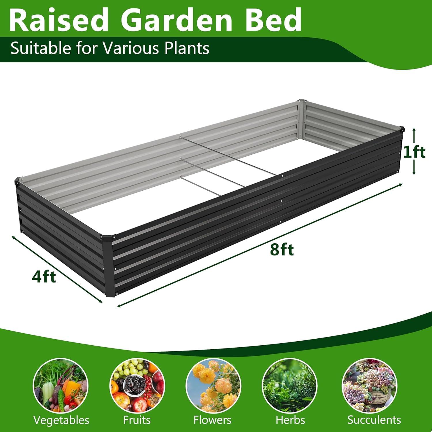 2PCS 8x4x1ft Galvanized Raised Garden Bed Kit,Metal Planter Box for Vegetables,Flowers,Herbs Durable Rust-Resistant Patio Gardening Beds,Black