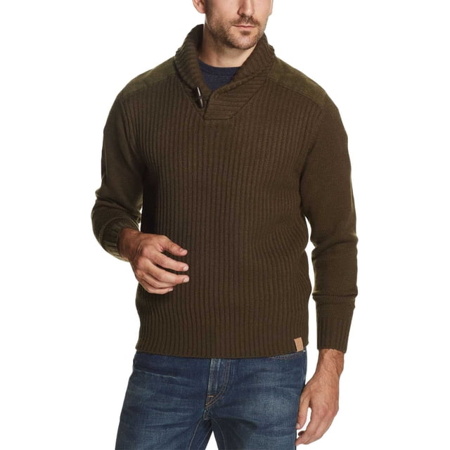 Weatherproof Vintage Mens Ribbed Toggle Shawl-Collar Sweater (Military Olive, S)