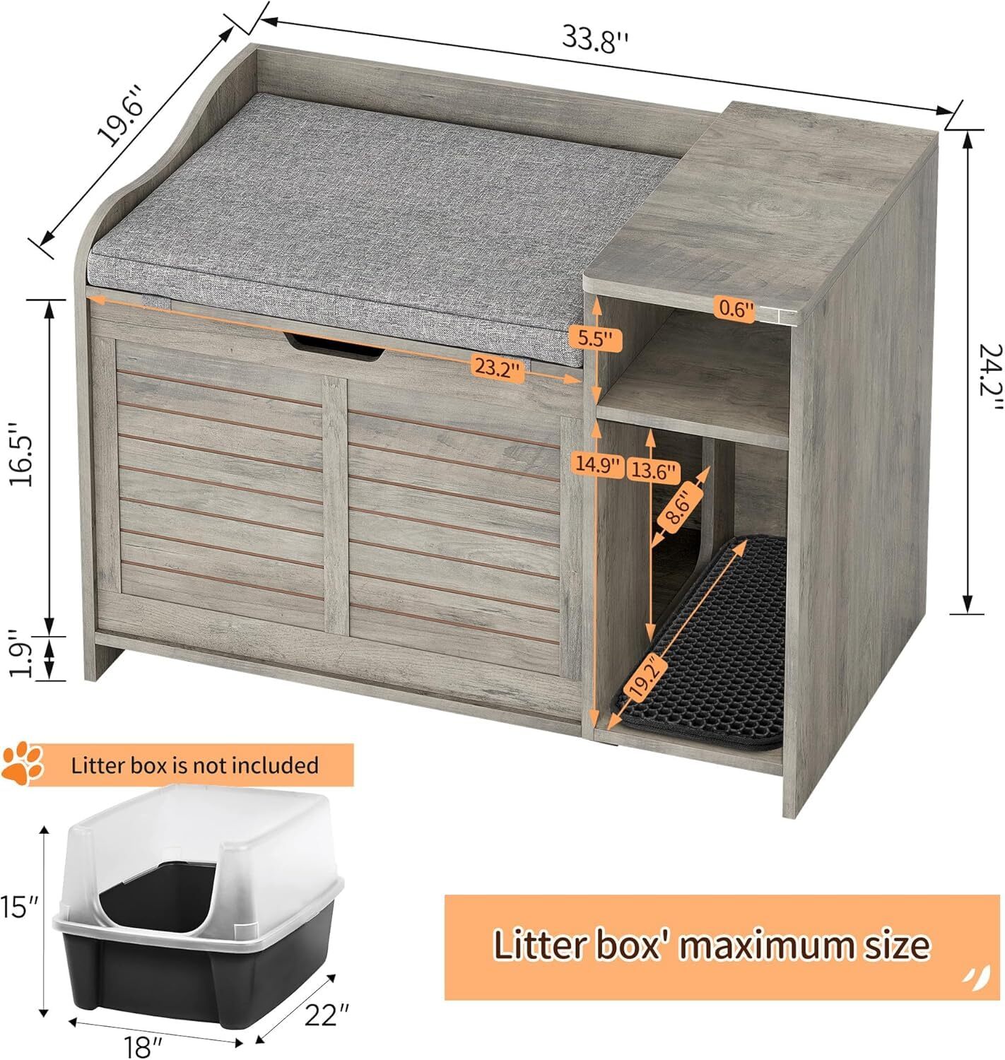 FOLDLIFE Cat Litter Box Enclosure with Top Opening and Cushion, Hidden Cat Litter Box Furniture, Cat Litter Box Cabinet, Cat House, Privacy Wooden Pet Cat Toilet for Kitten,Grey