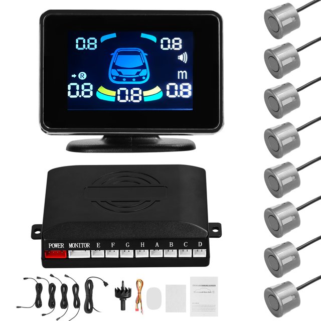 Riwcyla Car Parking Sensor Reversing Radars System Front & Rear Support Sound Warning/Buzzer/Mute with 8 Parking Sensors Distance Detection LCD Distance Display Volumes Adjustable