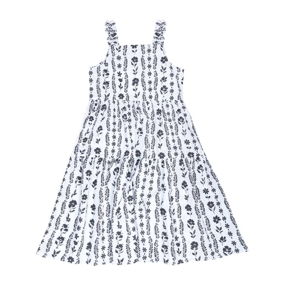 Girls Summer Boho Maxi Dress, Black and White Floral Tiered Sundress with Ruffle Straps for Toddler & Little Girls (4-5Y)
