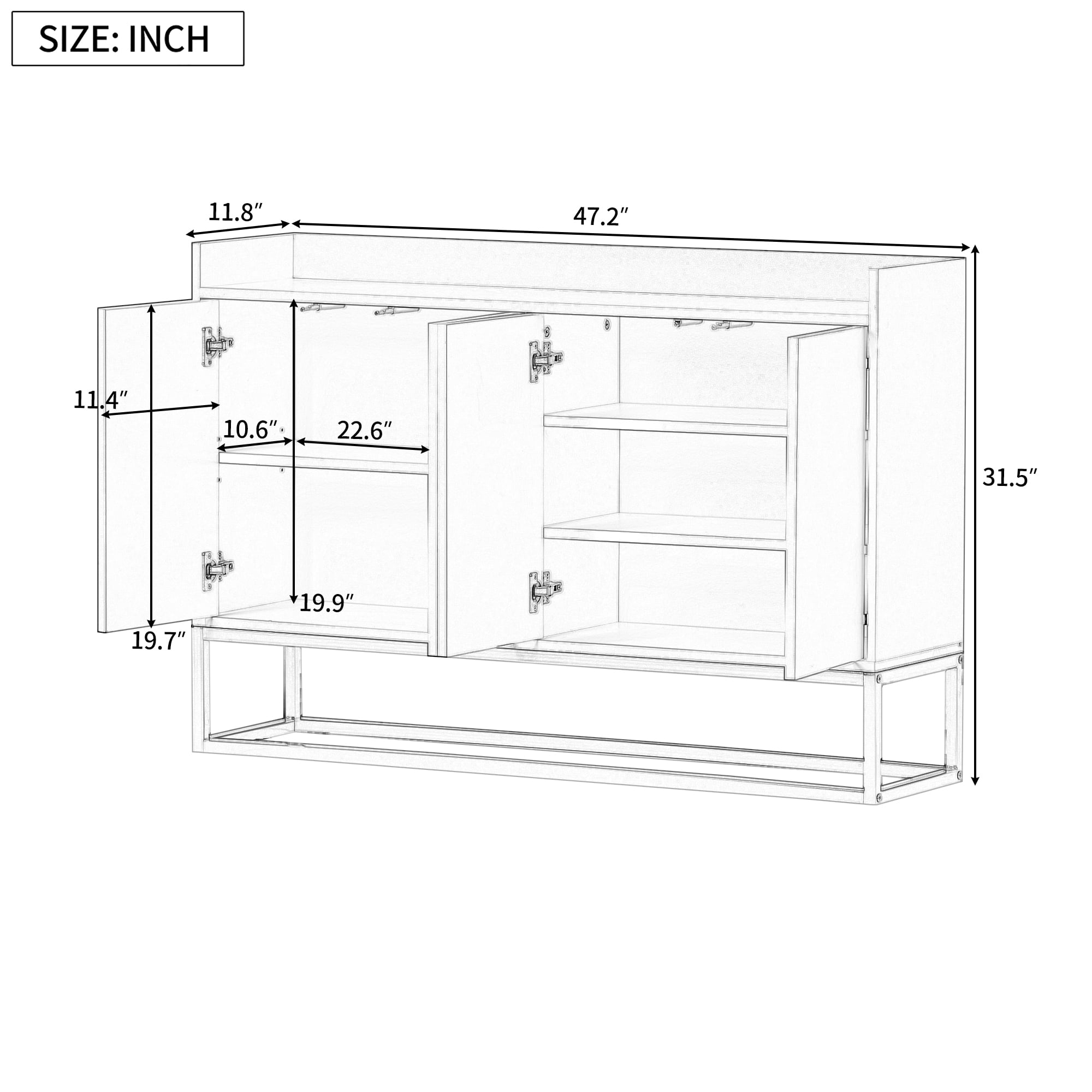 EUROCO 47.2'' Modern Sideboard Storage Buffet Cabinet, Particle Board Buffet Cabinet with 4 Doors, Adjustable Shelves and Gold Metal Legs for Dining Room, Entryway, White