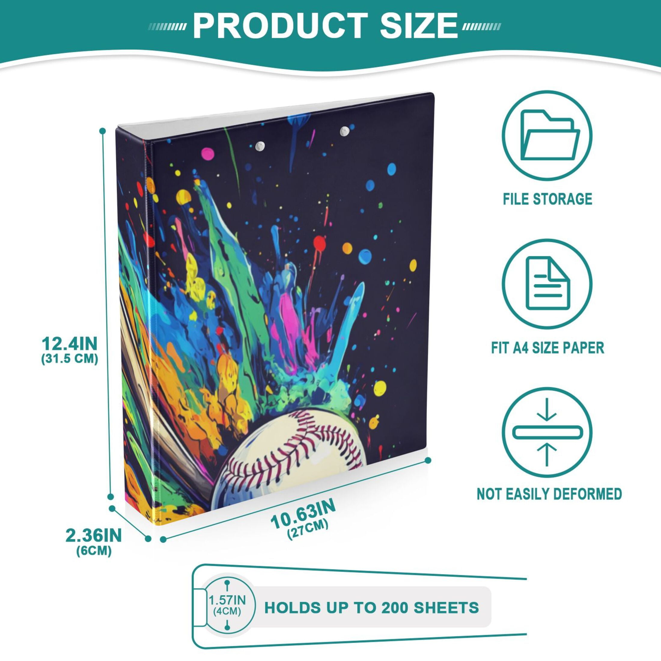 Baseball Bat Colorful 3 Ring Binders 1.5 inch Hardcover File Folders with Interior Pockets A4 Size Organizer for School Office Hospital