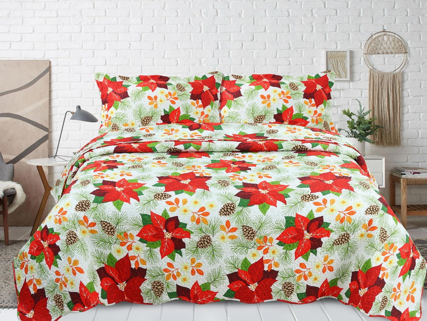 Marina Decoration Rich Printed Embossed Pinsonic Coverlet Bedspread Ultra Soft Bedding Summer Christmas Quilt Set with Shams, Red Poinsettia White Base Pattern