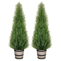 4FT Artificial Cedar Topiary Trees with Rustic Planter, Outdoor Indoor Realistic Faux Pine Shrubs Plants, Fake Cypress Trees for Home Offices Porch Decor, Set of 2 4FT-2Pack