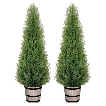 4FT Artificial Cedar Topiary Trees with Rustic Planter, Outdoor Indoor Realistic Faux Pine Shrubs Plants, Fake Cypress Trees for Home Offices Porch Decor, Set of 2 4FT-2Pack