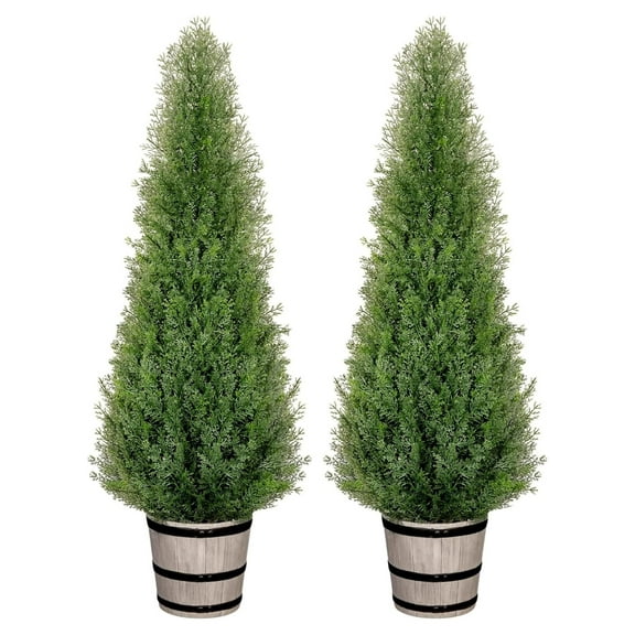4FT Artificial Cedar Topiary Trees with Rustic Planter, Outdoor Indoor Realistic Faux Pine Shrubs Plants, Fake Cypress Trees for Home Offices Porch Decor, Set of 2 4FT-2Pack