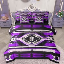 Homewish Aztec Pattern 7-Piece Bedding Comforter Set,Bohemain Gemetric Rhombus King Bedding Sets,Purple Black White Bed Sheets For Men Women,Super Cozy Room Decor Reversible