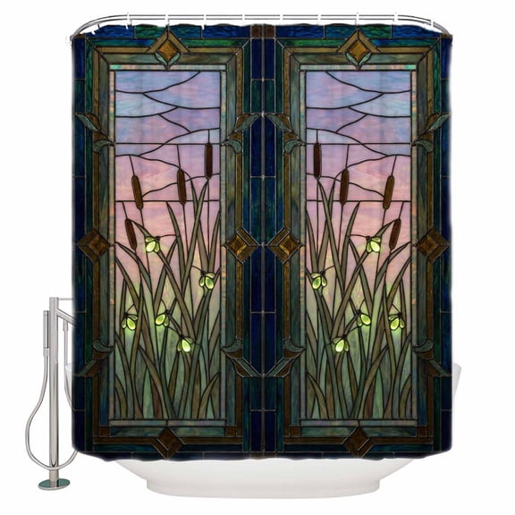 Stained Glass Bathroom Shower Curtains with 12 Hooks Polyester Waterproof Shower Curtain for Stalls and Bathtubs Vintage Abstract Botanical Plant Decorative Bathroom Privacy Curtain 72x96 Inches