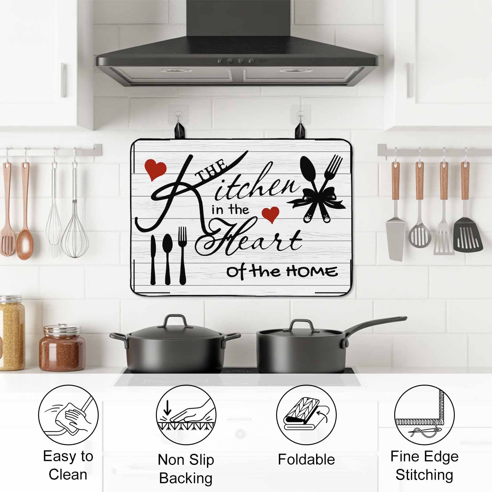 Kitchen Tableware Stove Top Cover for Electric Stove, Heat-proof & Non Slip Glass Top Stove Cover Protector, Red Love Heart Black Words Vintage Kitchen Flat Cooktop Rubber Mat 24x21 Inches