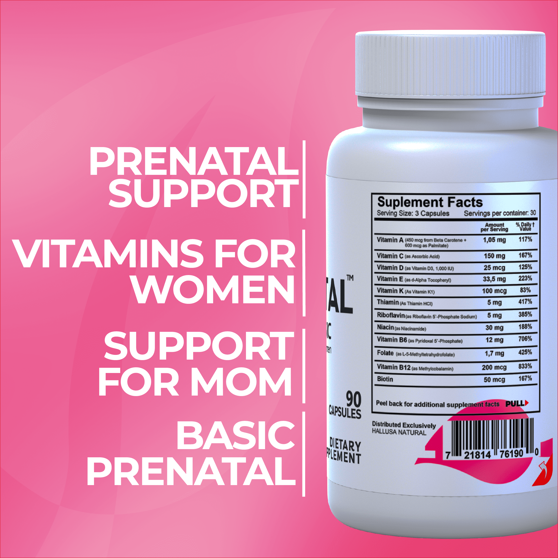 HALLNATAL - Basic Prenatal Vitamins for Women, Folate, Iron, B12 + 20 Essential Vitamins and Minerals, Pregnant and Nursing Women - 90 Capsules - 30 Servings - Hallusa Natural