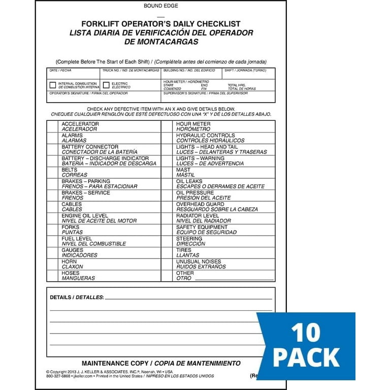 forklift-operator-daily-checklist-10-pk-bilingual-book-format-2-ply-carbonless-5-5-x-8-5-31-sets-of-forms-per-book-safety-maintenance-forklift-checklist-inspection-book-j-j-keller-walmart-com for Free Printable Osha Daily Forklift Inspection Checklist Pdf Forklift Operator Daily Checklist 10-pk. - Bilingual, Book Format, 2-Ply, Carbonless, 5.5