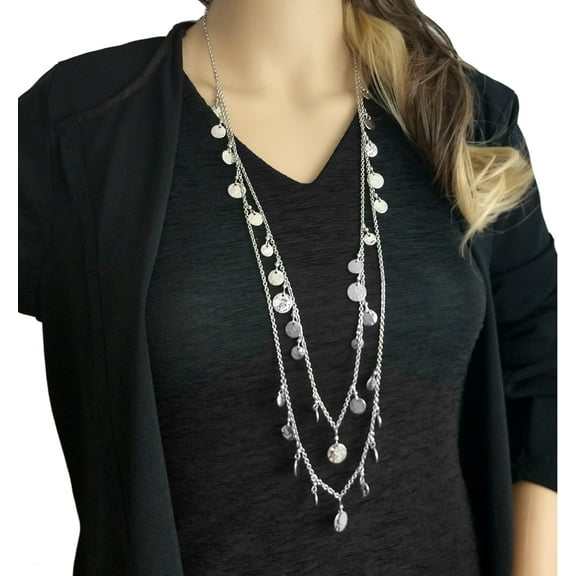 Two Strand Silver Tone Hammered Fringe Coin Charm Women Necklace 32" Ladies Adult Female Women