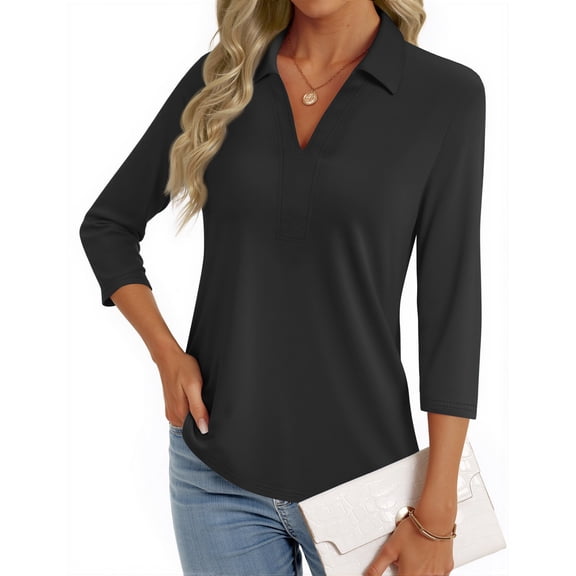 Fantaslook Womens Polo Shirts Business Casual 3/4 Sleeve Tops V Neck Dressy Work Blouses Office Clothes