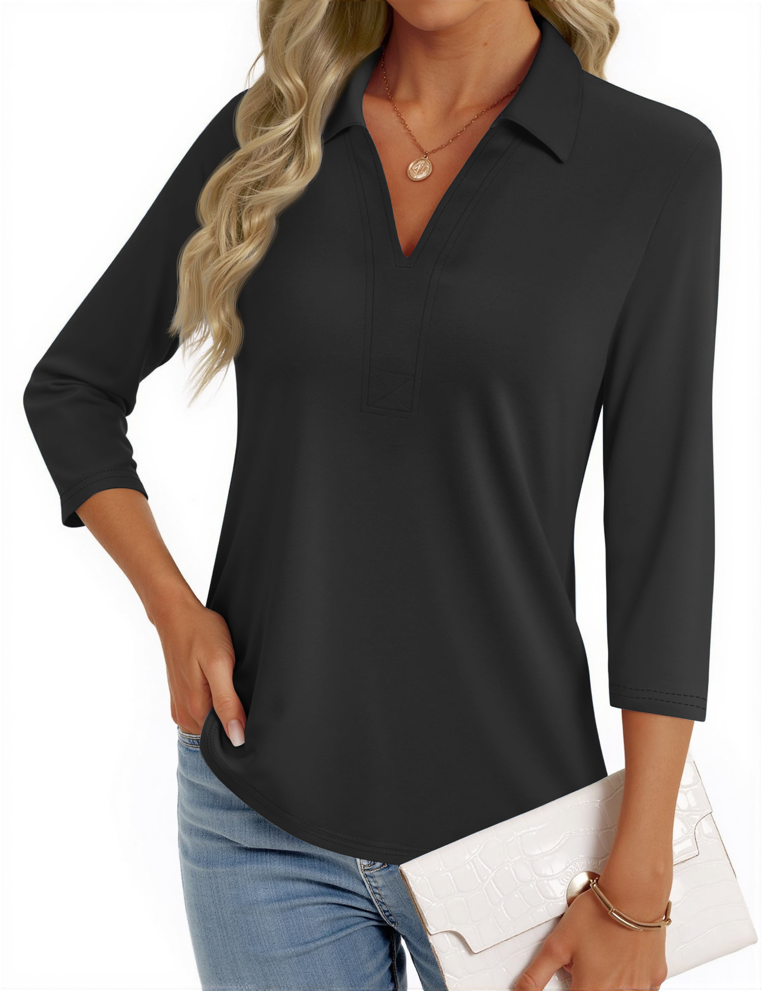 Fantaslook Women's V-Neck Polo Blouse with 3/4 Sleeves photo 2