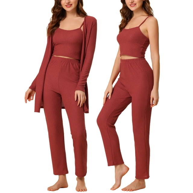 Pijama de punto para mujer Ropa de dormir casual Pantalones Shrug Cardigan 3ps Lounge Set Medium Red