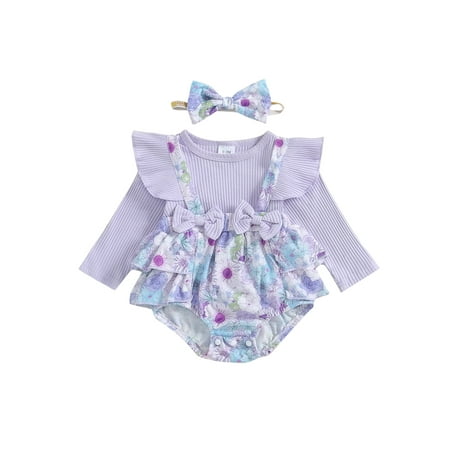 

EYIIYE Baby Romper Dress Long Sleeve Floral Tiered Romper with Headband