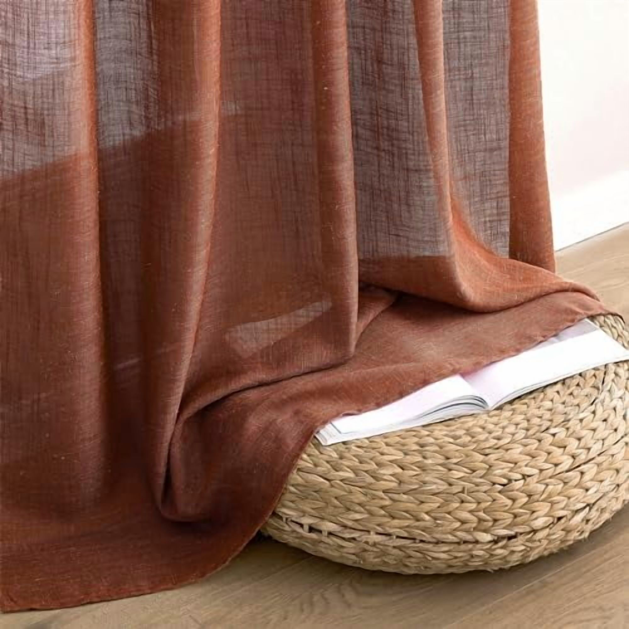 Burnt Orange Linen Curtains 84 Inch Length 2 Panels for Bedroom Living Room, Soft Thick Linen Textured Window Drapes Semi Sheer Light Filtering Back Tab Rod Pocket Burlap Look Fall Decorations
