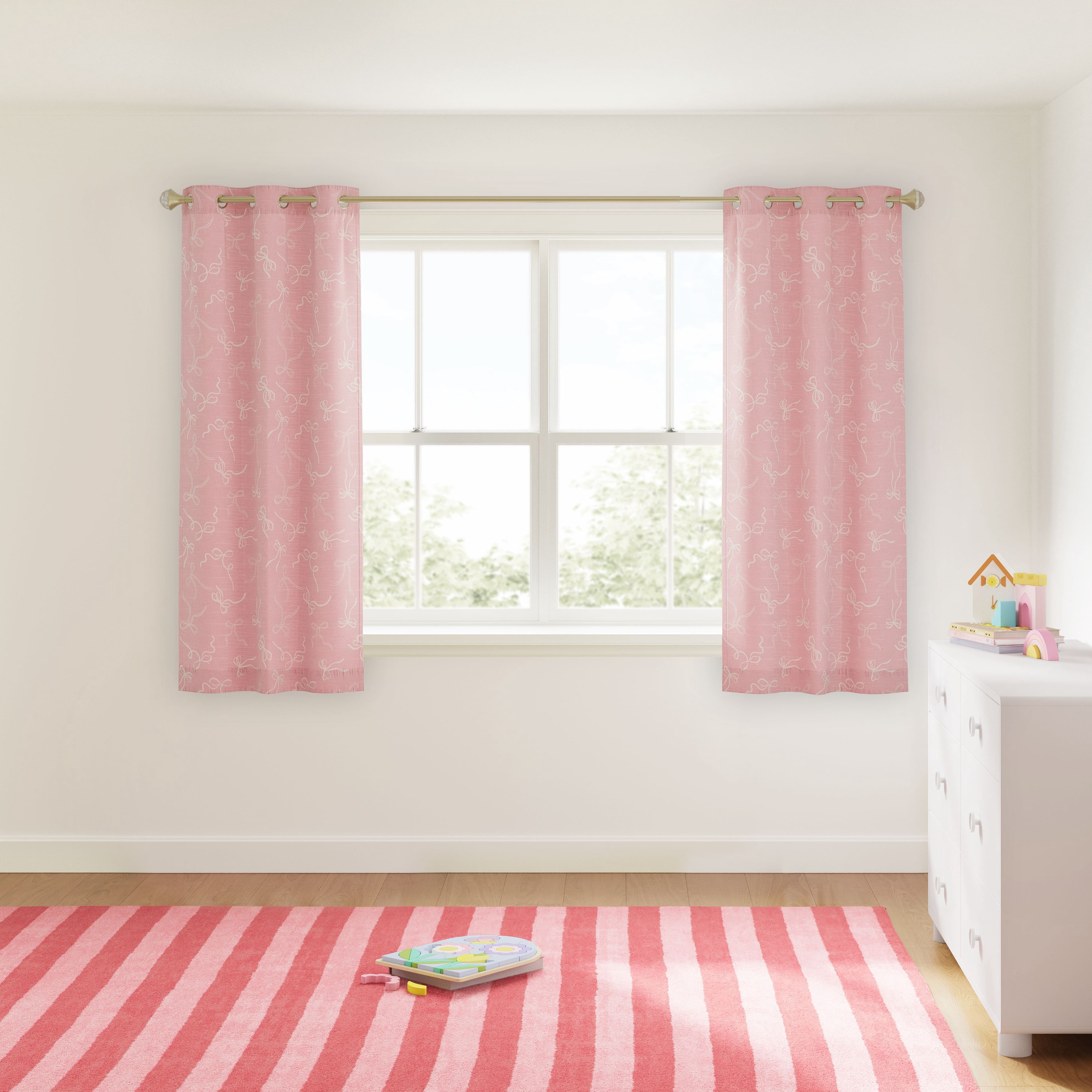 Mainstays Kids Soft Pink Ribbon Light Filtering Grommet Single Curtain Panel, 38" W x 63" L