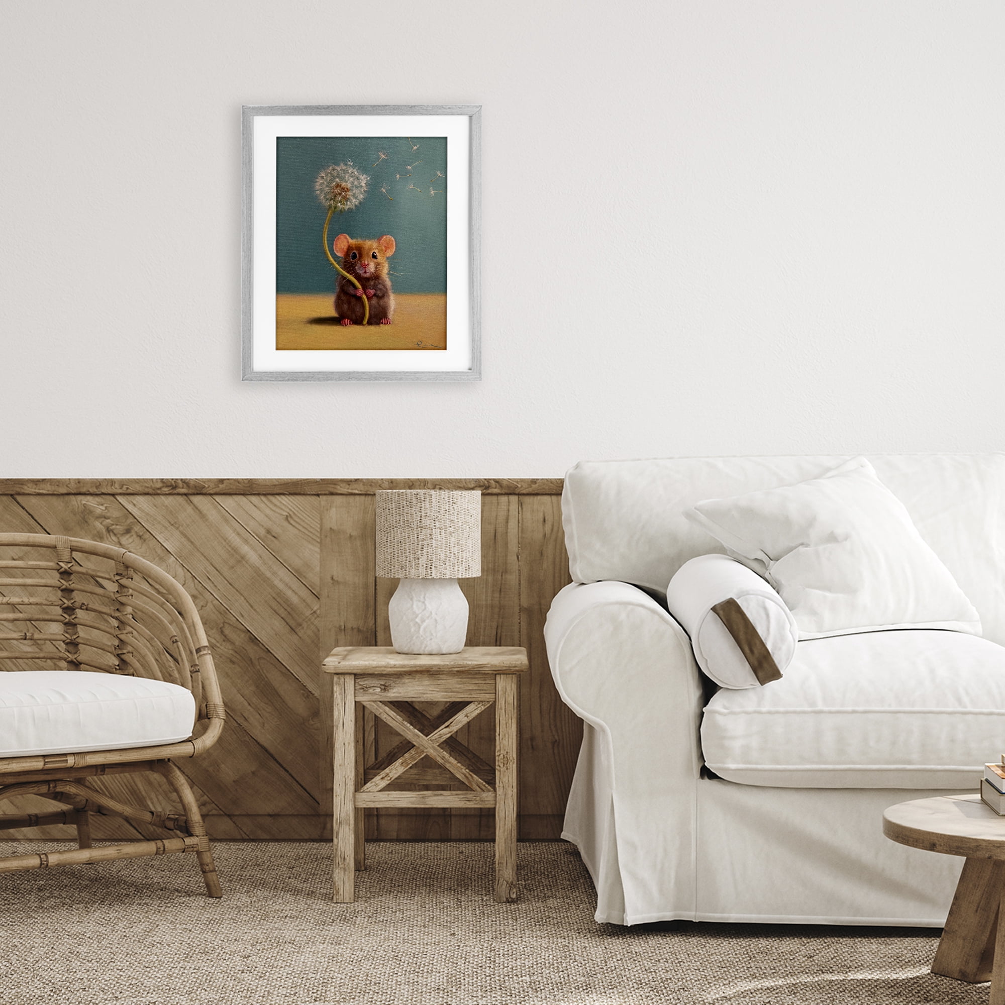 Tiny Wishes Mouse & Dandelion Gray Framed Print Under Glass, design by Lucia Heffernan