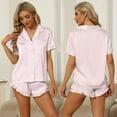 thumbnail image 2 of SMZ Satin Silk Pajamas for Women 2Pcs Ruffle Notch Collar Sleepwear Button Down Short Sleeve Shorts Pjs Set Loungewear, 2 of 7