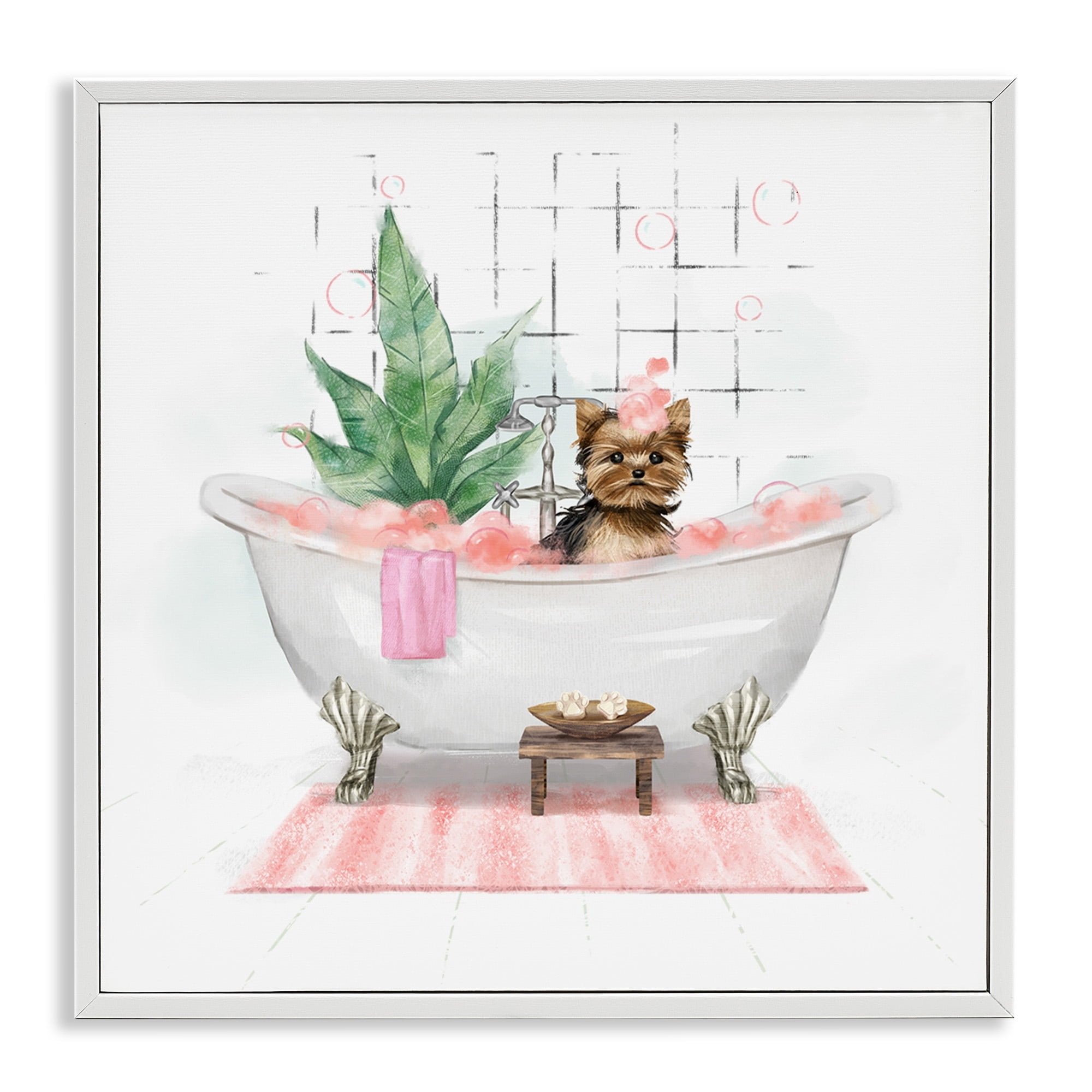 Stupell Industries Chic Yorkie Dog in Pink Bubble Bath Animals & Insects Painting White Framed Art Print Wall Art, 24 x 24