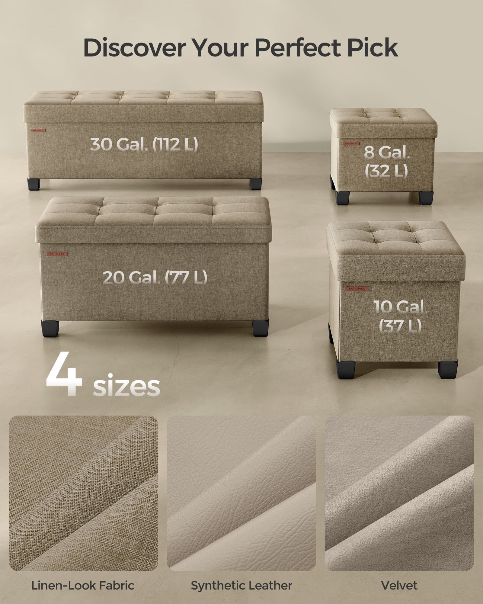 Storage Ottoman Foot Stool with Tufted Linen-Look, 15 x 15 x 15.7 Inches, 660 lb Capacity, Foldable for Living Room, Bedroom & Dorm, Camel Brown