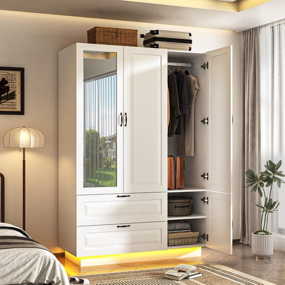 ANPOO Mid-Century Modern Concave-Convex Bedroom Armoire, 3 Door Freestanding Wardrobe Closet with Mirrors, LED Lights, 70.3" Tall Wooden Storage Cabinet with Drawers & Shelves, White