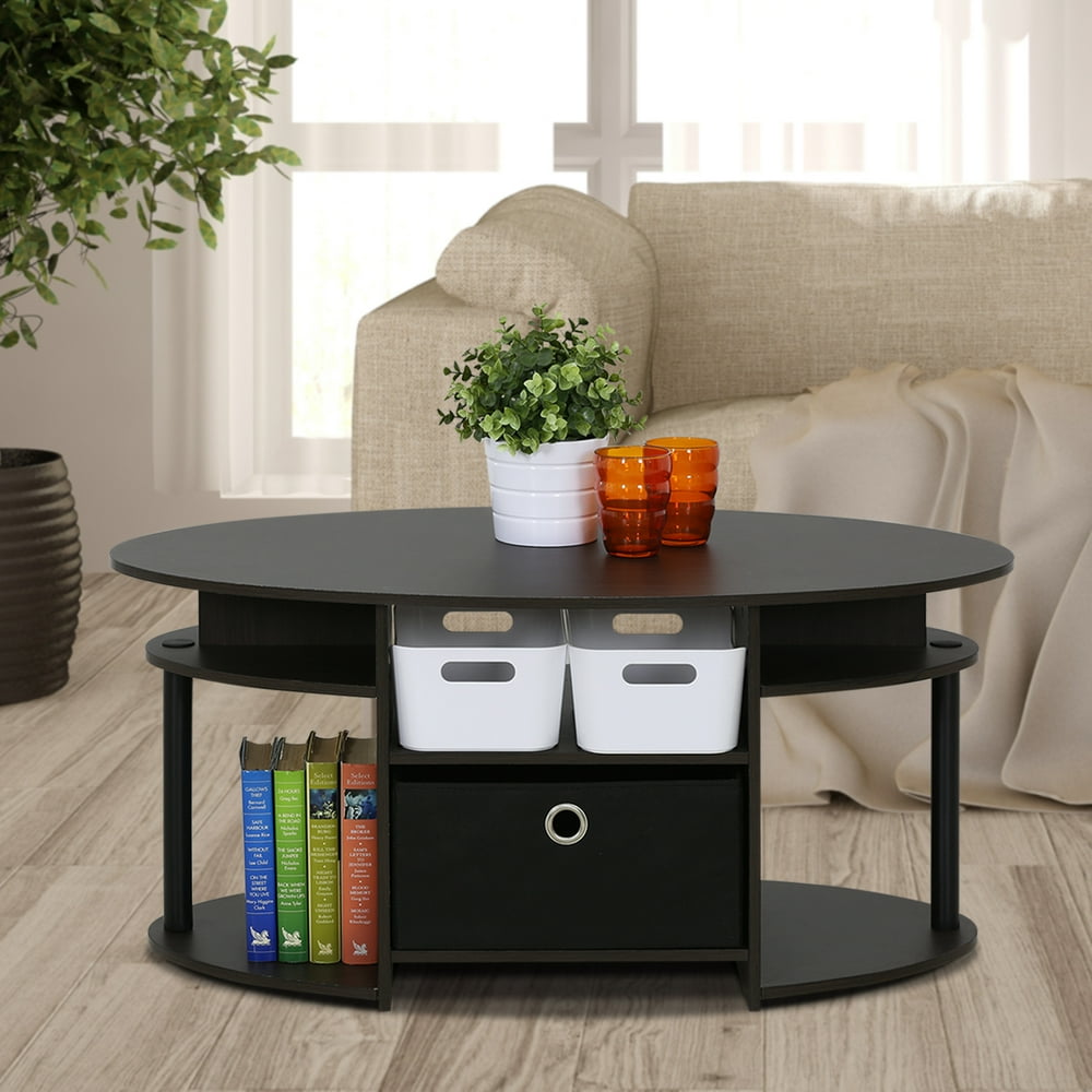 Furinno JAYA Simple Design Oval Coffee Table with Bin, Walnut Walmart