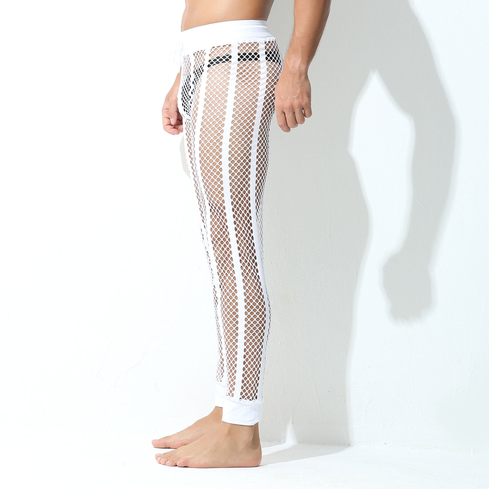 XFLWAM Men's Mesh Fishnet Pants Sexy See Through Leggings Drawstring  Striped Workout Sweatpants White M - Walmart.com
