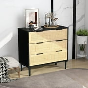 Coewske 3 Drawer Dresser Wood Modern Rattan Drawers Chest Black
