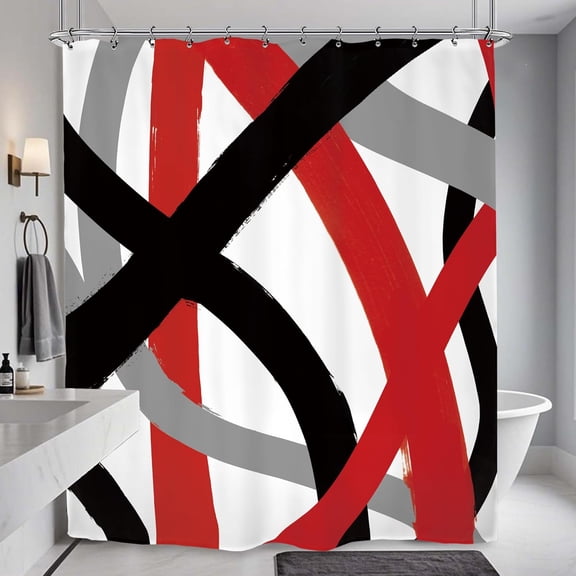 Black Red Gray Modern Shower Curtain Abstract Minimalist Contemporary Art Line Neutral Simple Bathroom Set Accessories Decor with Hooks 36"W x 72"L (Pack of 1)