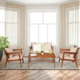 thumbnail image 3 of Patiojoy 4PCS Patio Outdoor Rattan Furniture Set Acacia Wood Frame Conversation Set w/Coffee Table Brown, 3 of 6