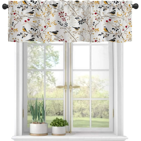 Valances for Windows,Watercolor Bird On Branch Semi Sheer Valances Windows Curtain, Rod Pocket Short Window Treatment Light Filtering Decor Valances for Kitchen Living Room Bedroom - 54"x18"